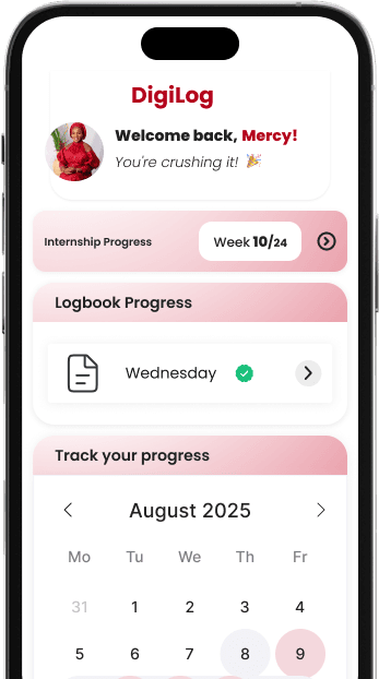 DigiLog app interface showing logbook progress, internship tracking, and calendar